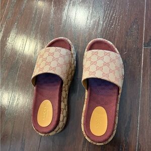 Gucci Beige and Pink GG Canvas Slide Sandals